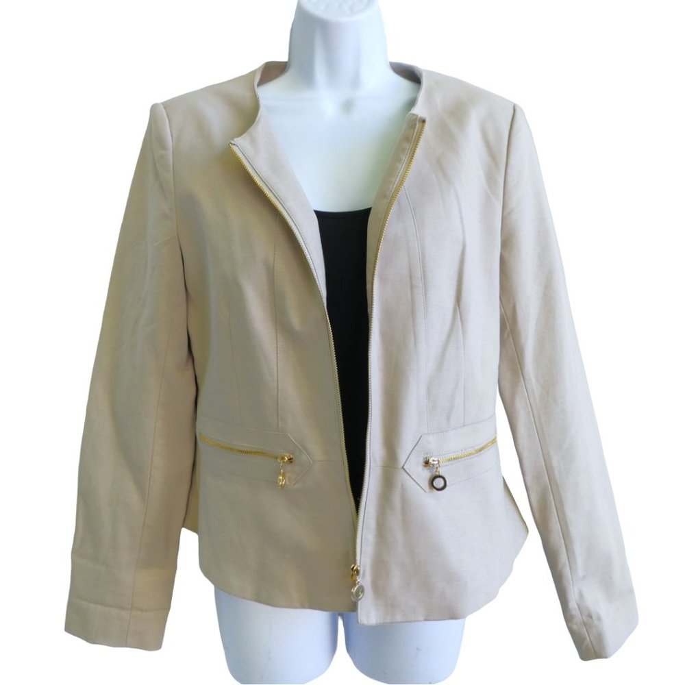 Carmen Marc Valvo Beige Blazer Full Zip Gold Hardware Peplum Cotton Blend Stretc